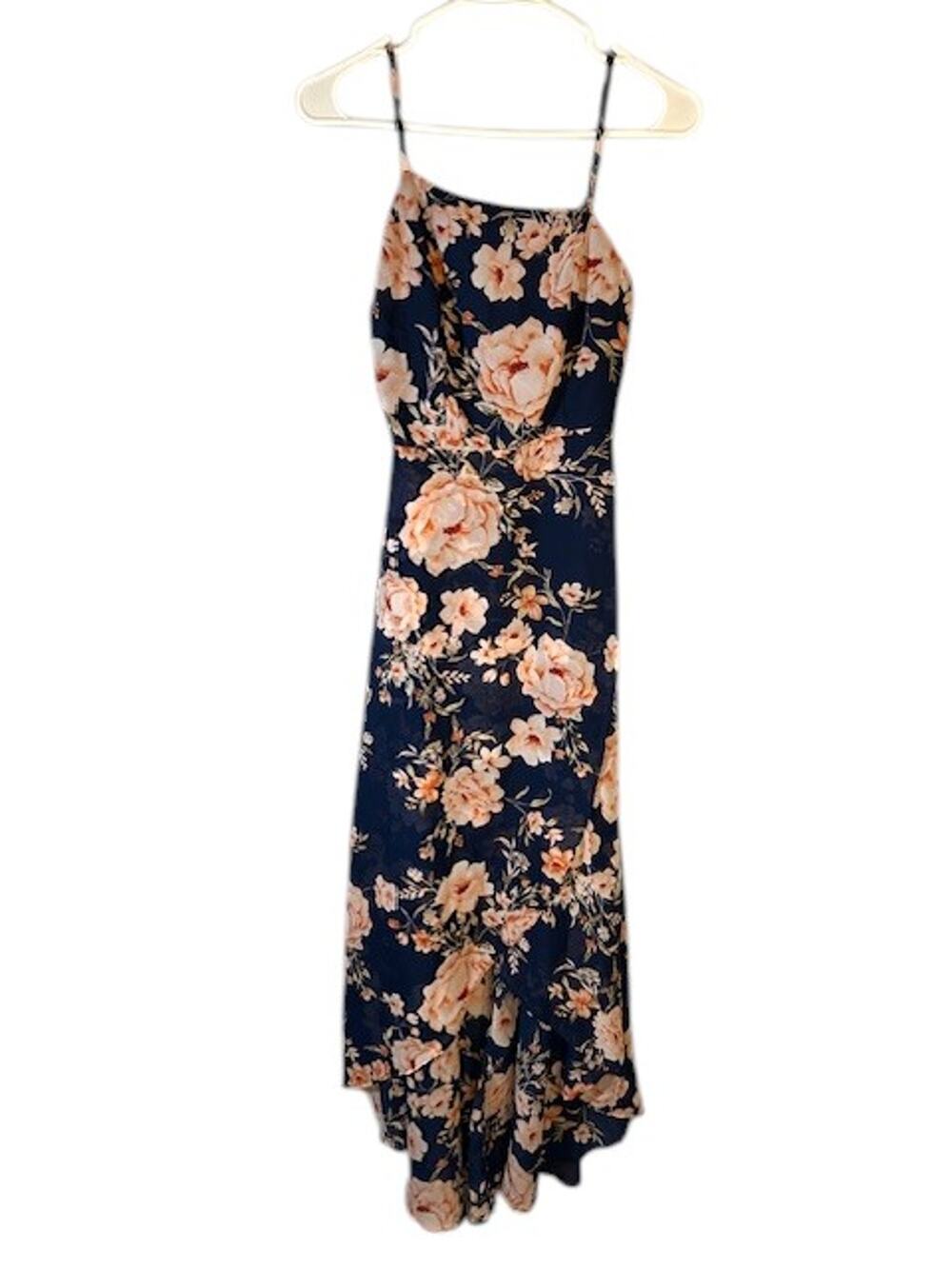 Lulus Navy Blue Pink Floral Asymmetrical High Low Dress Woman Sz XS